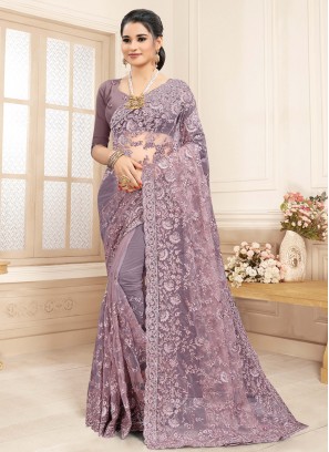 Designer Saree Embroidered Net in Lavender