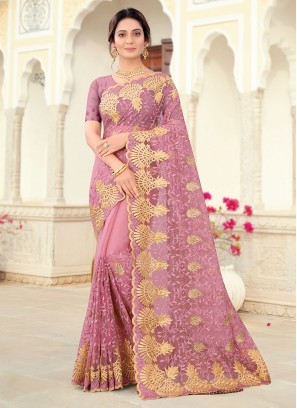 Designer Saree Embroidered Net in Lavender