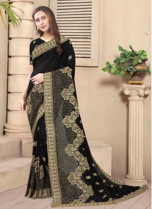 Designer Saree Embroidered Silk in Black