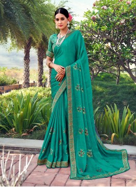 Designer Saree Printed Silk in Teal