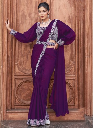 Designer Saree Stone Crepe Silk in Purple