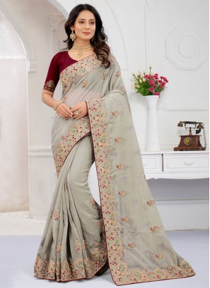 Designer Saree Zari Net in Grey
