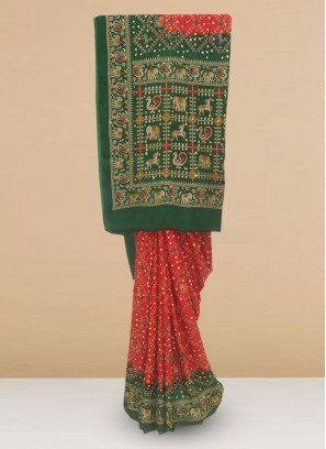 Designer Silk Saree In Lovely Maroon And Green Color