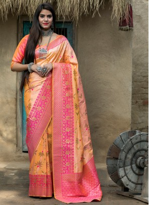 Designer Traditional Saree Weaving Banarasi Silk in Peach and Pink