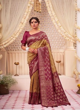 Designer Wedding Wear Raw Silk Saree In Beautiful Mahendi Color