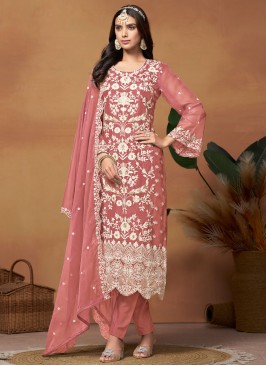 Desirable Embroidered Organza Pink Designer Salwar Kameez