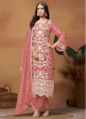 Desirable Embroidered Organza Pink Designer Salwar Kameez