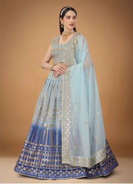 Desirable Faux Georgette Aqua Blue Sequins Lehenga Choli