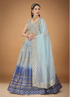 Desirable Faux Georgette Aqua Blue Sequins Lehenga Choli