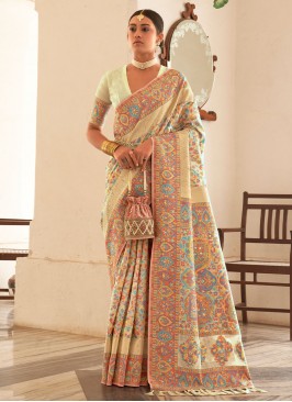 Desirable Pashmina Cream Saree