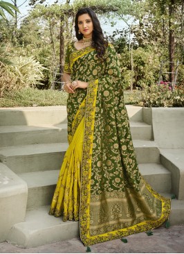 Desirable Patch Border Green and Yellow Banarasi Silk Half N Half Designer Saree