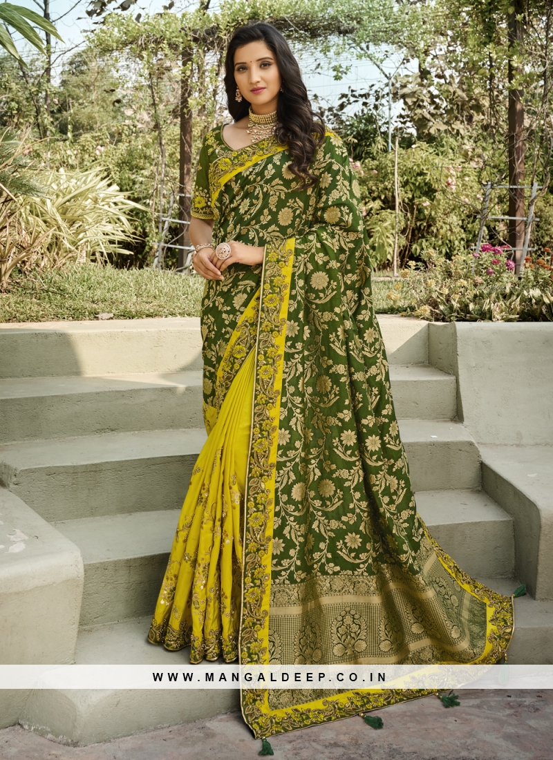 Desirable Patch Border Green and Yellow Banarasi Silk Half N Half Designer Saree