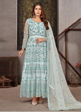 Desirable Sea Green Embroidered Net Designer Salwar Kameez