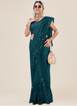 Desirable Teal Machine Embroidery  Net Saree