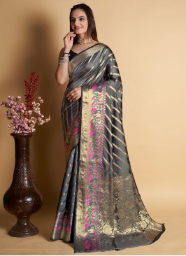 Desirable Zari Grey Silk Contemporary Style Saree