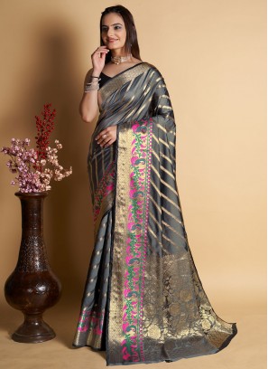 Desirable Zari Grey Silk Contemporary Style Saree