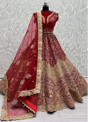 Diamond Velvet Designer Lehenga Choli in Red