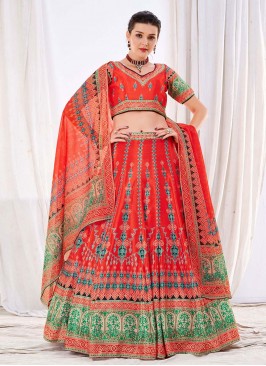 Digital Print Chinon A Line Lehenga Choli in Red