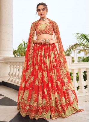 Digital Print Faux Georgette Trendy Lehenga Choli in Orange