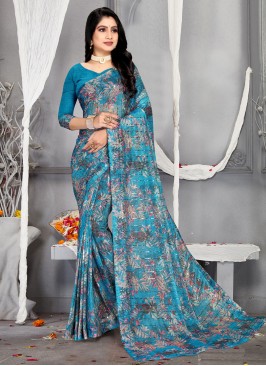 Digital Print Net Contemporary Saree in Blue