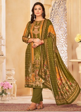 Digital Print Pashmina Pant Style Suit in Green