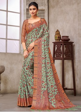 Digital Print Pashmina Saree in Green