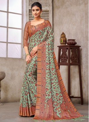 Digital Print Pashmina Saree in Green