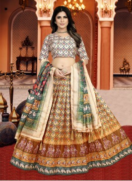 Digital Print Silk Lehenga Choli in Mustard