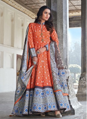 Digital Print Silk Readymade Anarkali Suit in Orange