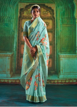 Digital Print Silk Traditional Saree in Aqua Blue