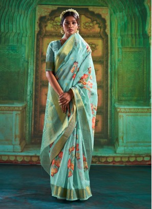 Digital Print Silk Traditional Saree in Aqua Blue