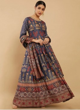 Digital Print Silk Trendy Gown in Blue