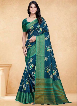 Digital Print Tussar Silk Saree in Teal