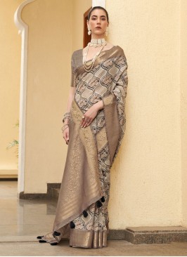 Digital Print Tussar Silk Traditional Saree in Brown