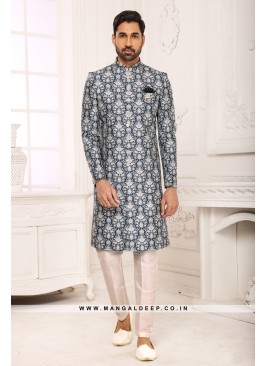 Digital Printed Silk Nawabi Indo Western Sherwani in Blue