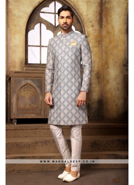 Digital Printed Silk Nawabi Indo Western Sherwani in Blue