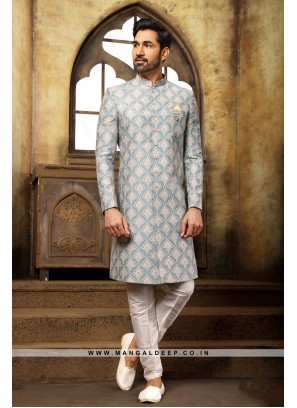 Digital Printed Silk Nawabi Indo Western Sherwani in Green