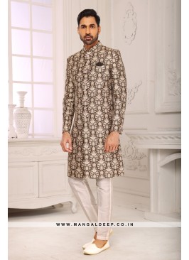 Digital Printed Silk Nawabi Indo Western Sherwani in Mehandi