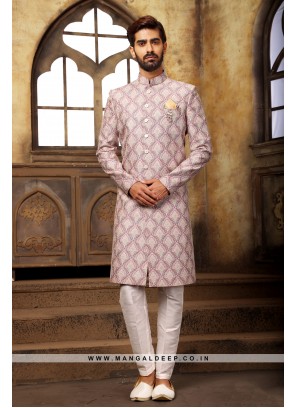 Digital Printed Silk Nawabi Indo Western Sherwani in Onion Colour