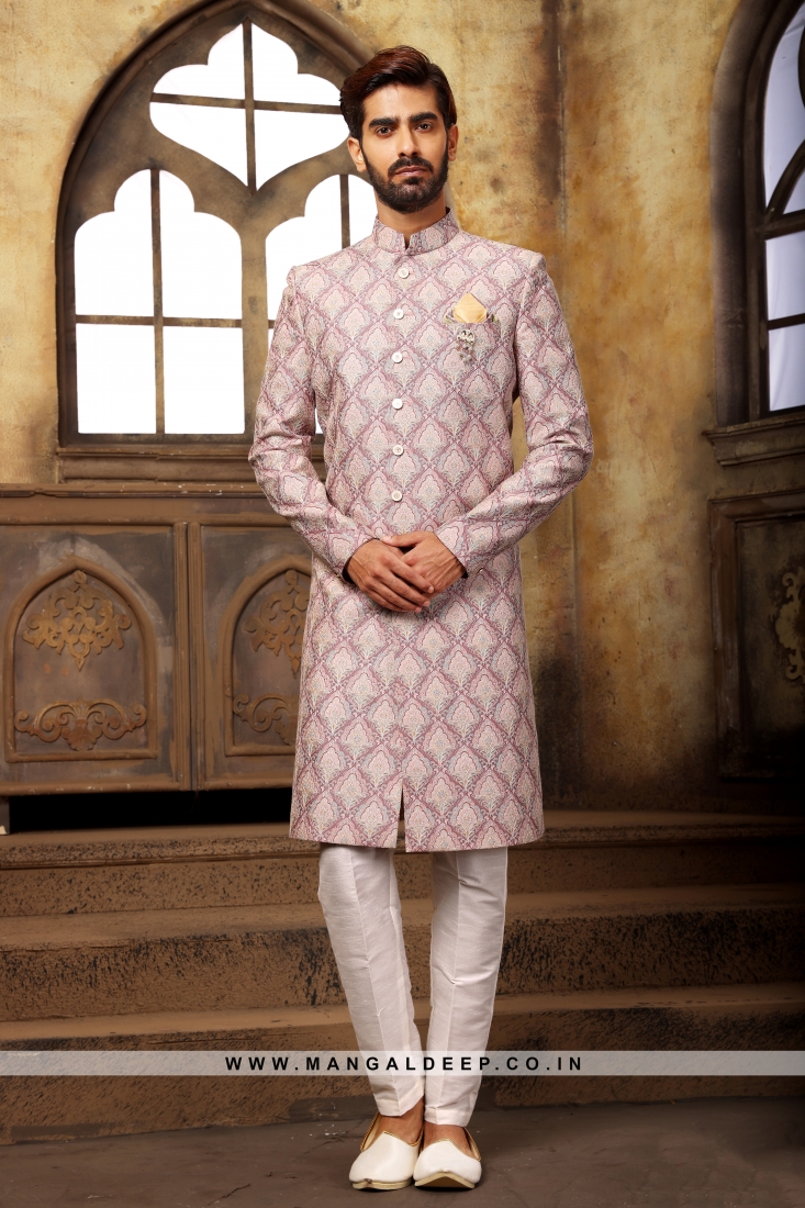 Digital Printed Silk Nawabi Indo Western Sherwani in Onion Colour