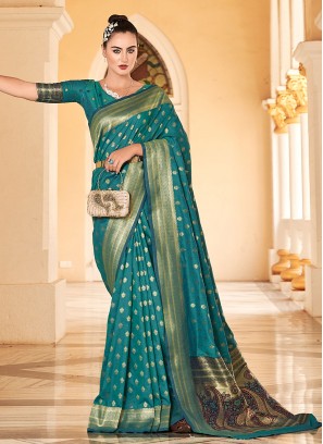 Dignified Banarasi Silk Mehndi Contemporary Saree
