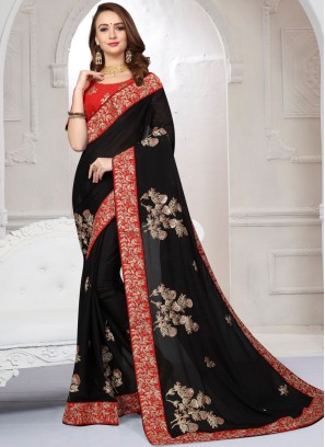 Dignified Black Embroidered Designer Saree