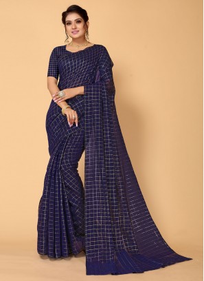Dignified Blue Woven Blended Cotton Trendy Saree