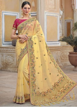 Dignified Cream Embroidered Art Silk Saree