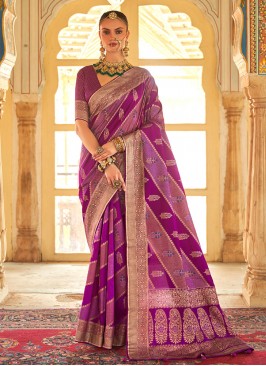 Dignified Foil Print Purple Silk Silk Saree