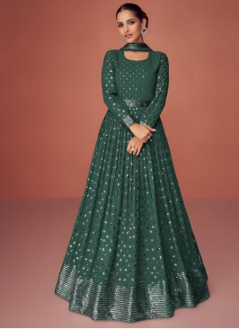 Dignified Georgette Sequins Green Anarkali Salwar Kameez