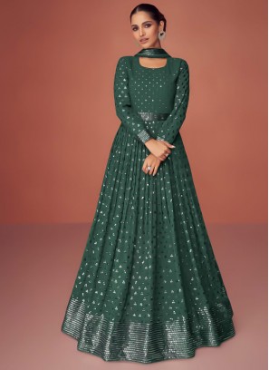 Dignified Georgette Sequins Green Anarkali Salwar Kameez