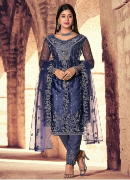 Dignified Navy Blue Mehndi Straight Salwar Suit