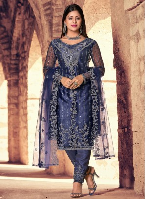 Dignified Navy Blue Mehndi Straight Salwar Suit