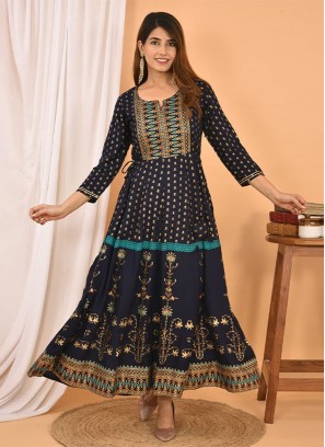 Dignified Printed Cotton Navy Blue Trendy Gown